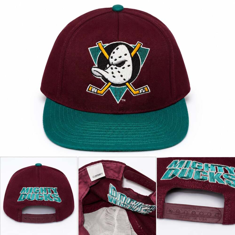 Vintage Disney Mighty Ducks Snapback Hat Cap Burgundy Teal Made In USA NHL 90s